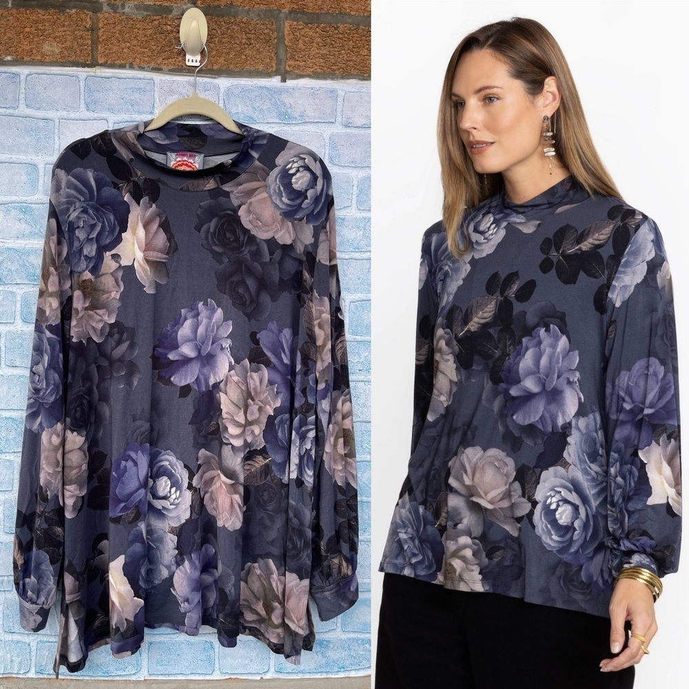 JOHNNY WAS GREY PEONY PUFF SLEEVE MOCK NECK TOP SIZE 3X
